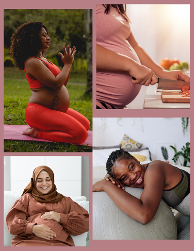 Four pictures. One pregnant person practicing yoga. One pregnant woman preparing healthy food. One pregnant woman smiling down at her belly. One young person relaxing with an exercise ball.