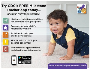 Baby Crawling. Reads Try CDC's FREE Milestone Tracker app today...Because Milestone matter. Includes summary of app functions